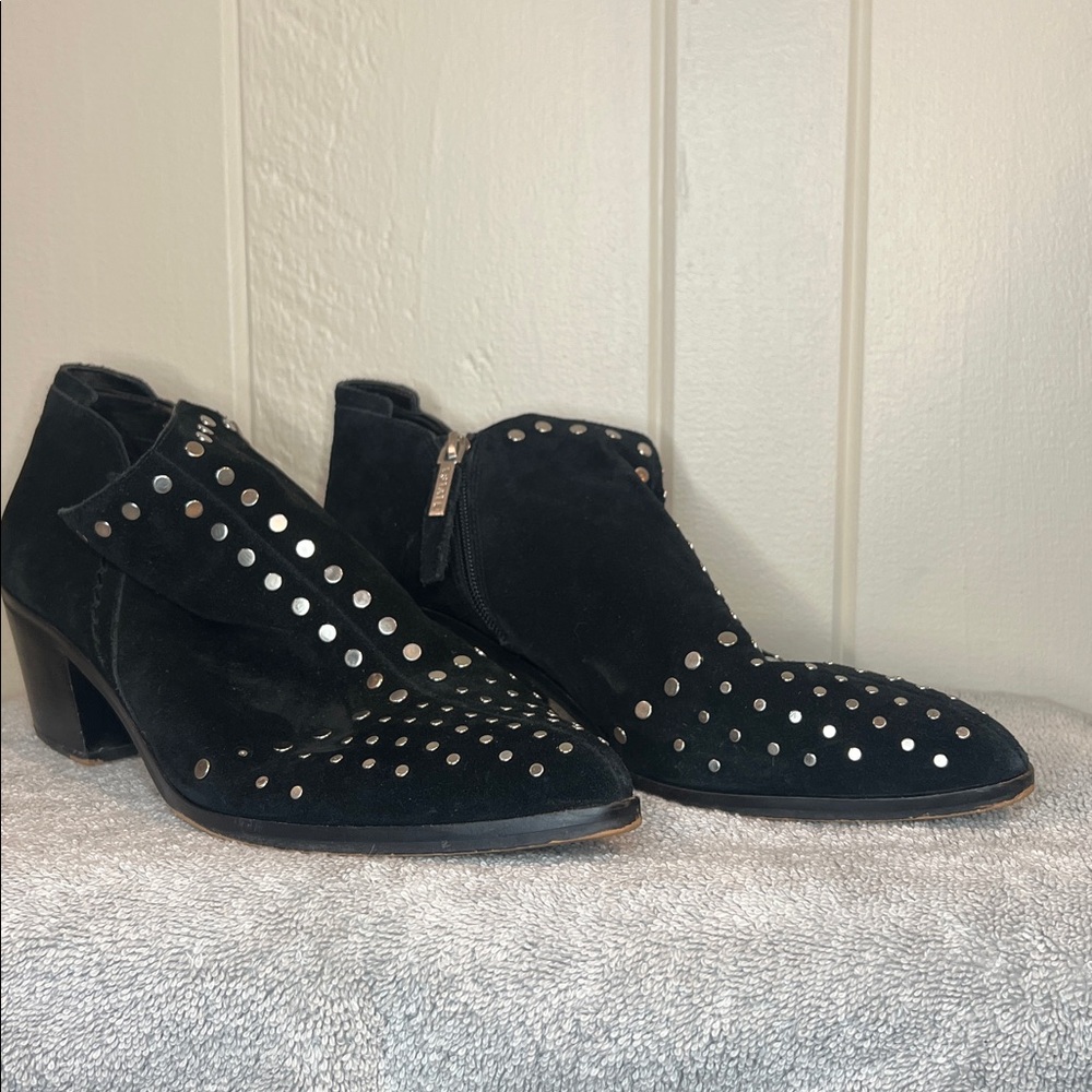 1. State black suede studded ankle booties